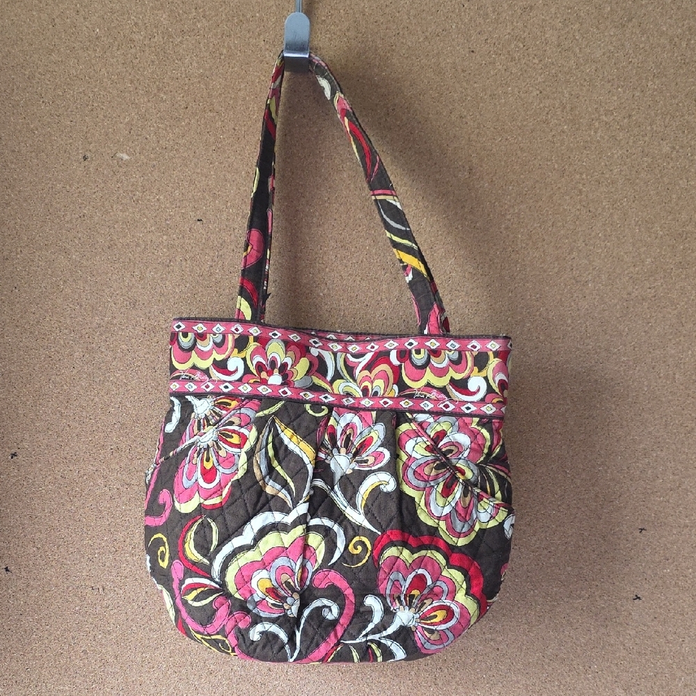 Vera Bradley Quilted Floral Handbag Brown Pink Yellow Retired Print